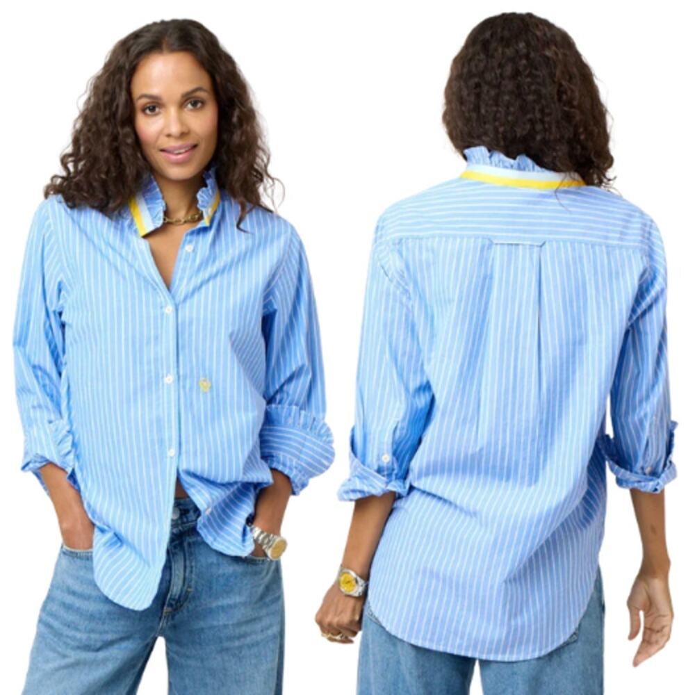 Kerri Rosenthal Long Sleeve Mia Stripe Ruffle Button Down Shirt Blue Size: Small